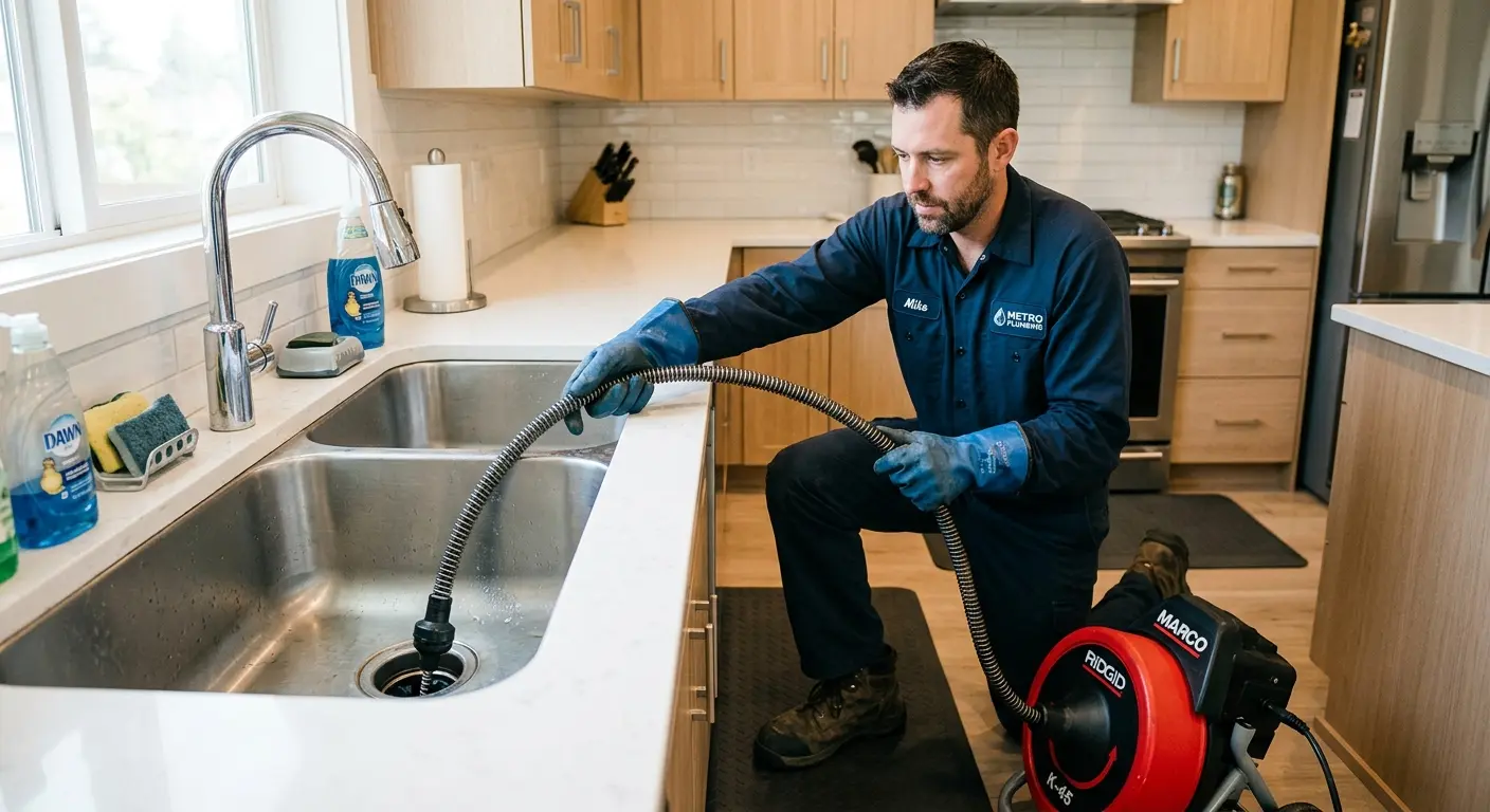 Drain cleaning technician using a motorized snake on a kitchen sink in Hutchinson