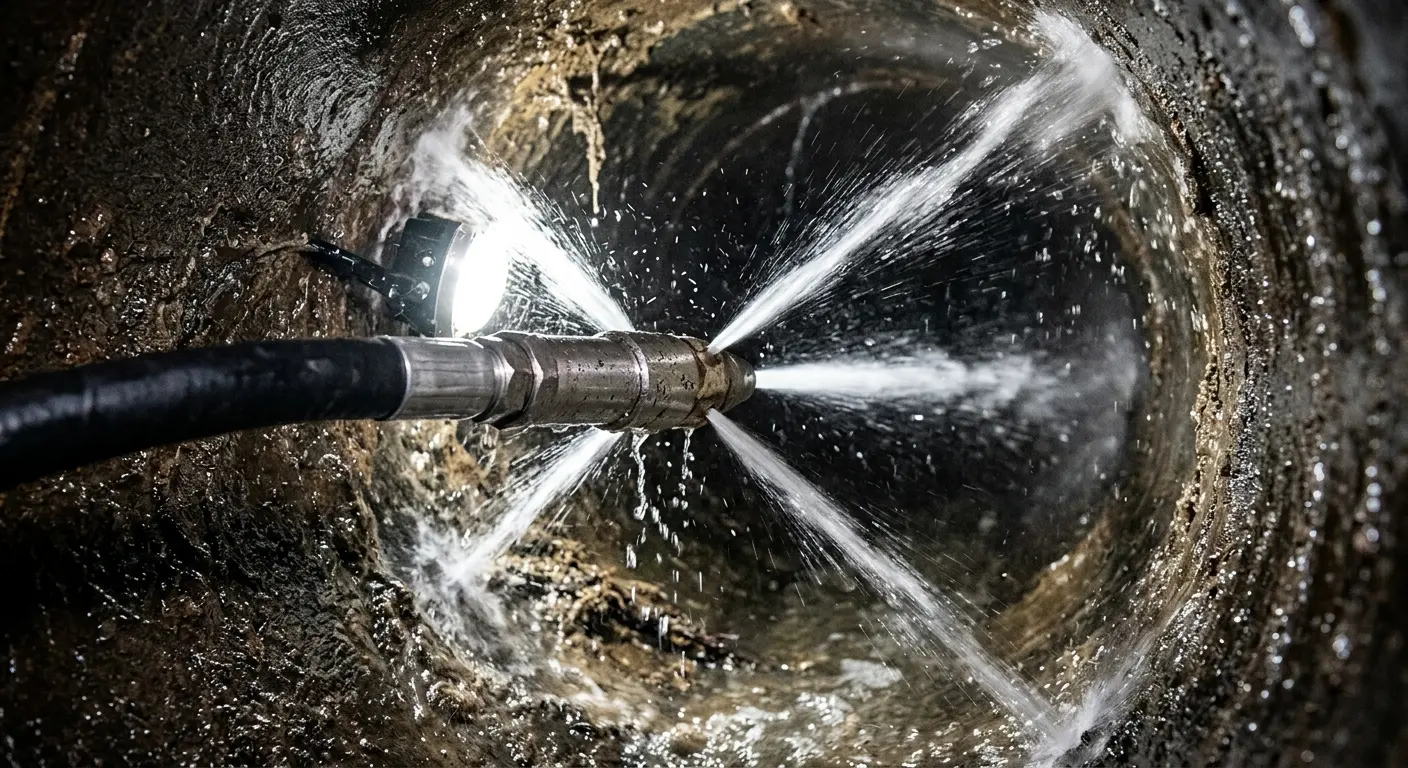 High-pressure hydro jetting nozzle cleaning sewer pipe for Trenchless Sewer Repair in Hutchinson