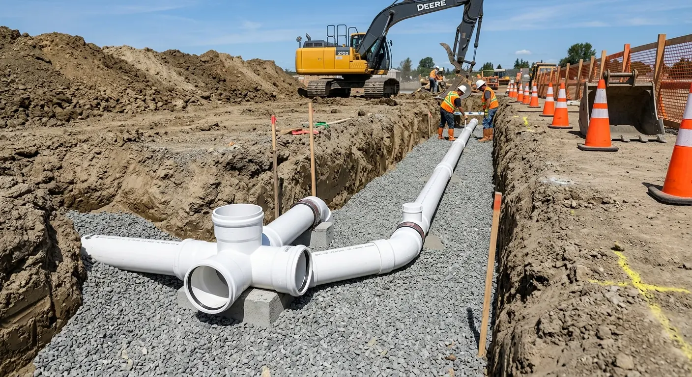 New PVC sewer pipe installation in open trench for Commercial Drain Cleaning in Hutchinson
