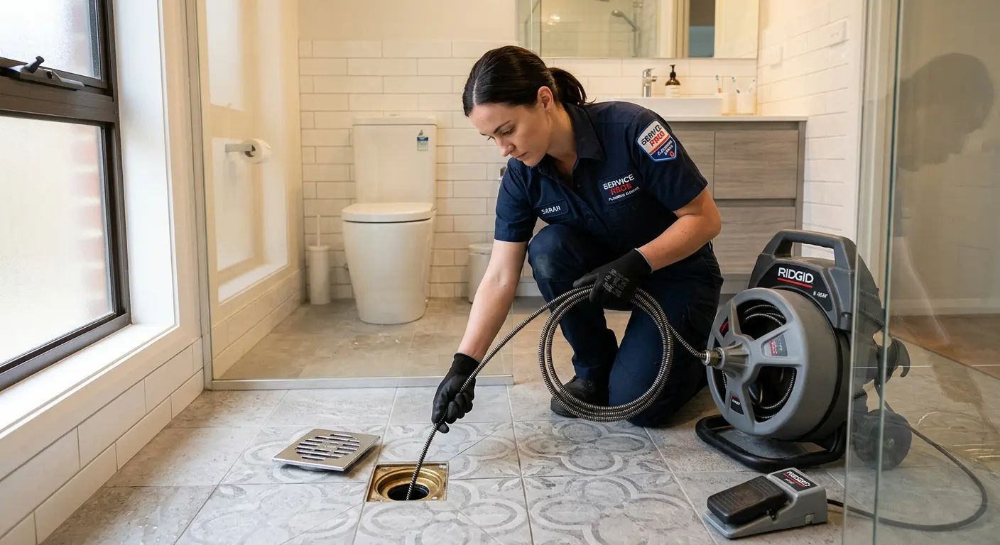 Technician clearing a bathroom floor drain for Clogged Drain Repair in Hutchinson